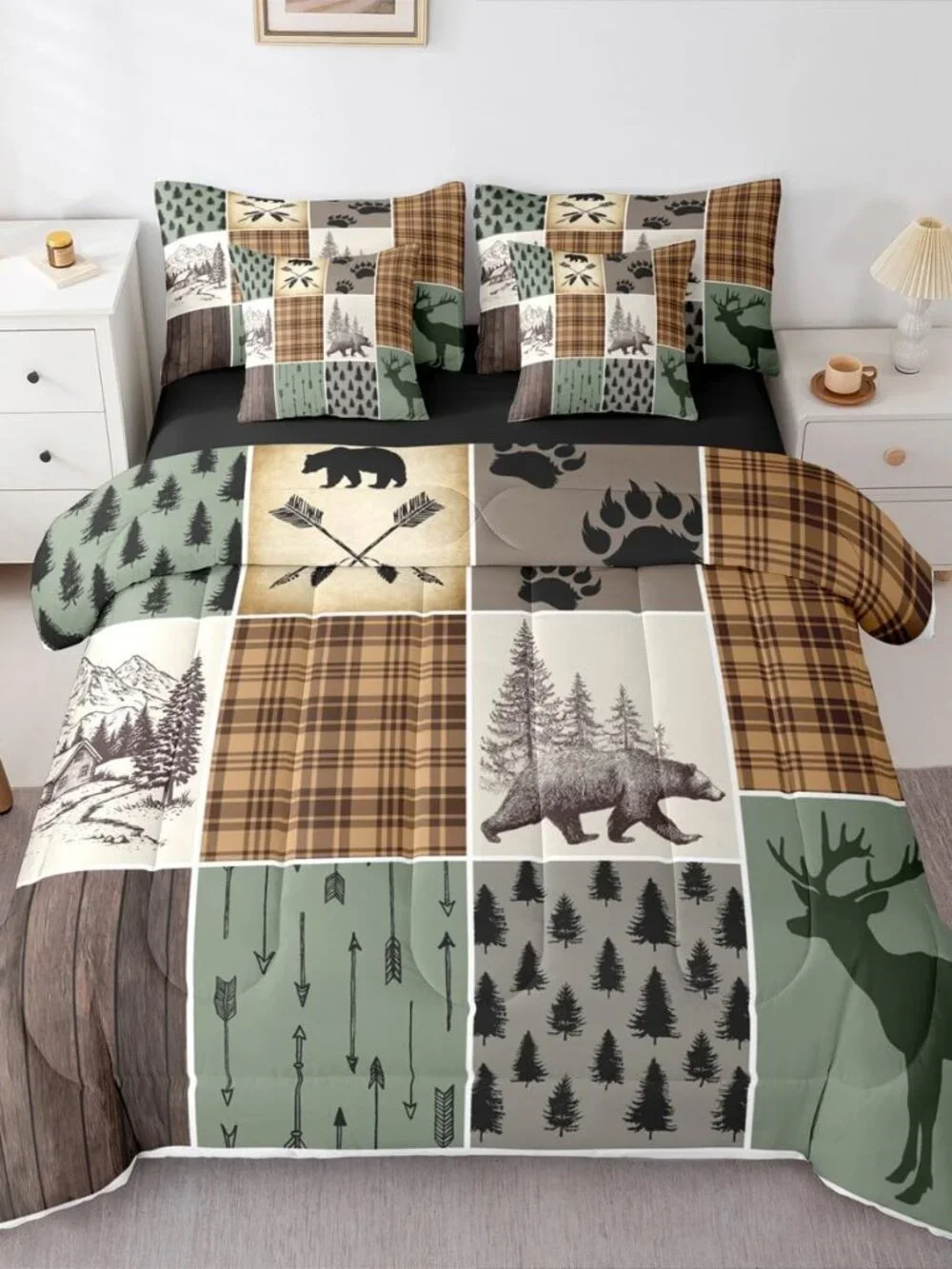 Bear Comforter Full Size, Rustic Cabin Lodge Fitted Sheet 7 Pieces for Kids Boys